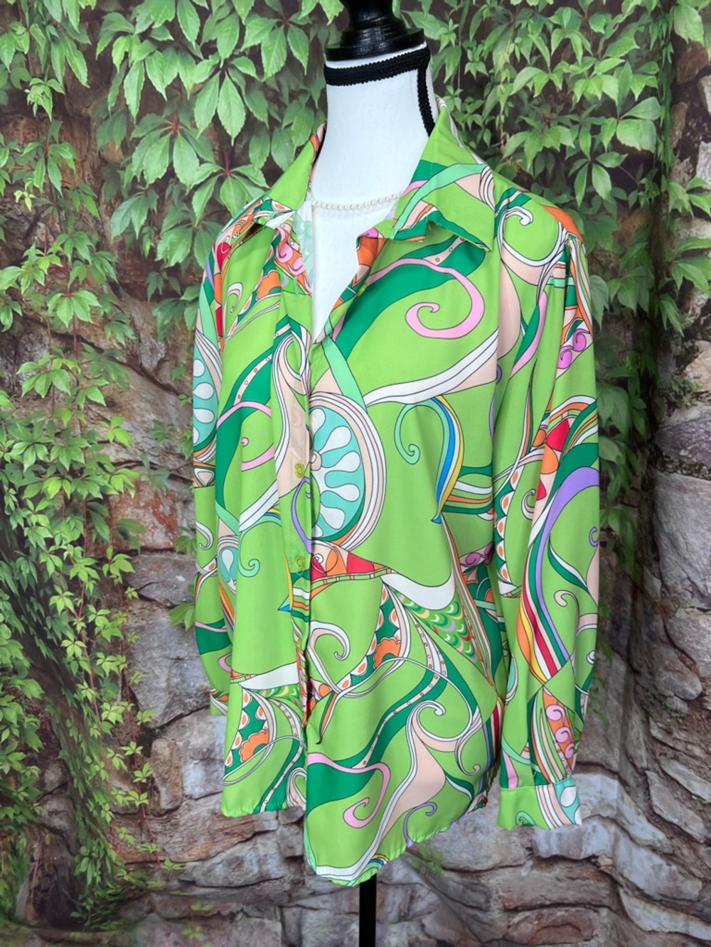 NEW COLLECTION Green Mod Print Button Print Blouse, L* - Picture 4 of 11